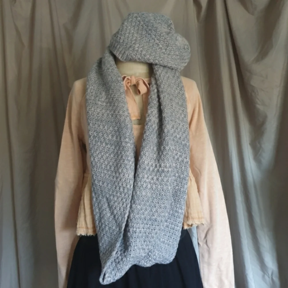 Jessica Simpson Matching Grey & Pink Knit Infinity Scarf & Beanie Set Sz OS - Picture 2 of 15